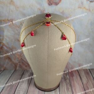 Red & Gold Headpiece w/ Pomegranate Fruit Charm and Pomegranate Seed Charms
